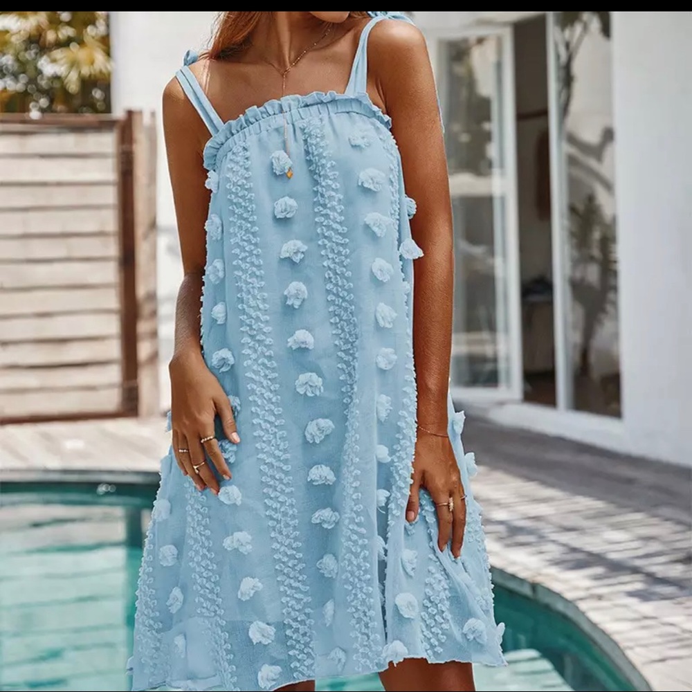 Waterfall Blue Appliqué Flowers Tie Strap Loose Babydoll Halter Ruffle Dress